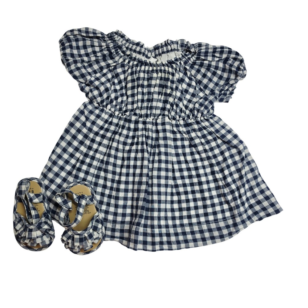 Baby Gap Gingham Dress and Ruffle Sandals Set Navy Blue White 3-6 Months